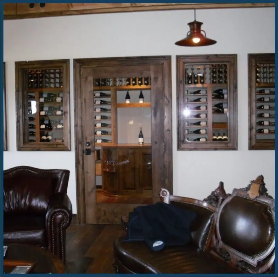 A beautiful commercial custom wine room with wooden detailing